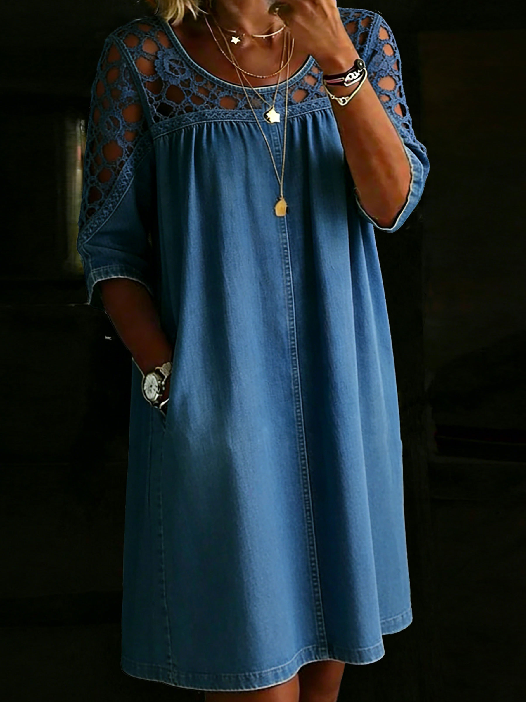 Women's Casual Lace Denim Loose Dress