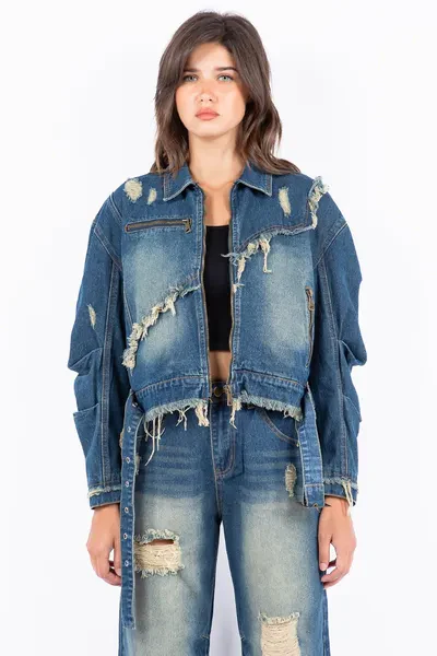 Full Size Distressed Frayed Edge Zip Up Denim Jacket