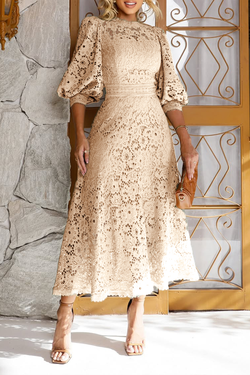 Women's Round Neck Lantern Sleeve Lace Hollow Dress