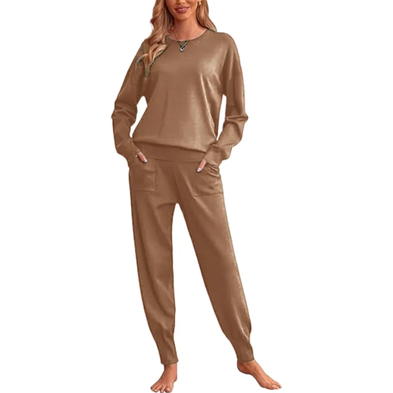 Women's Long Sleeve Knit Loungewear Set Jogger Pants Outfit