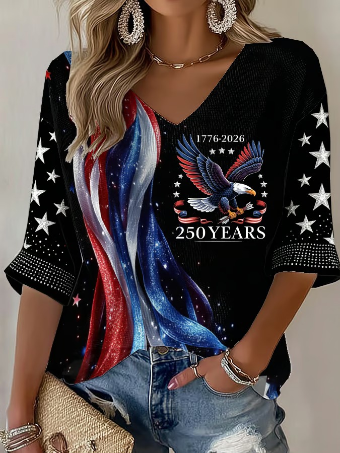 Women'S 250Th Anniversary Printed V-Neck Top For The Founding Of The United States