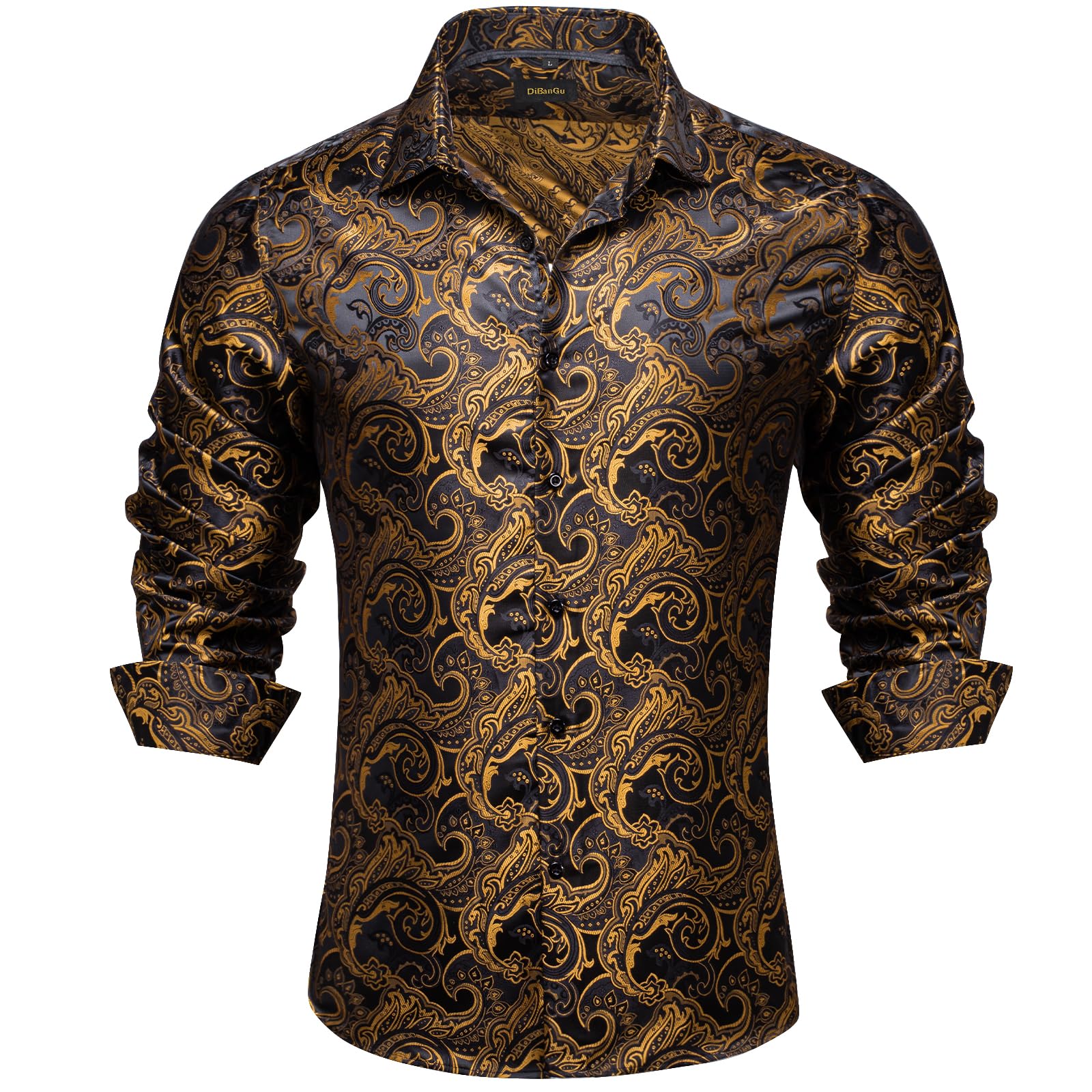 Men's Paisley Dress Shirt Long Sleeve Wrinkle Free Button Down Cowboy Shirts -Carbon Black&gold&paisley