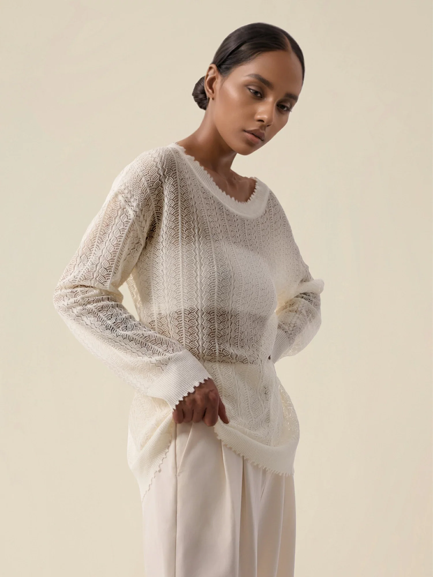 Linen & Lyocell Round Neck Hollow Top