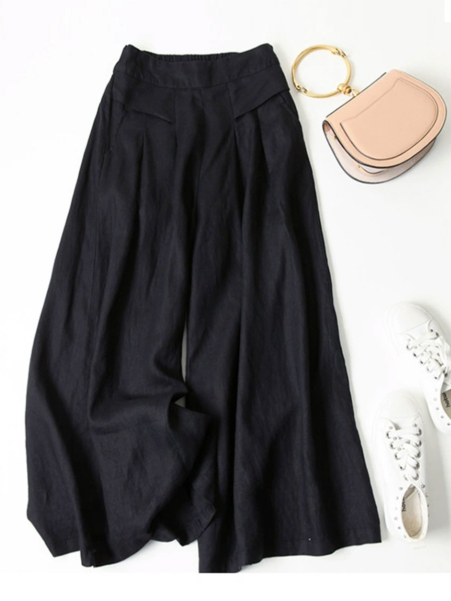 Women's Solid Color Semi-elastic High Waist Casual Pockets Cotton and Linen Wide Leg Pants