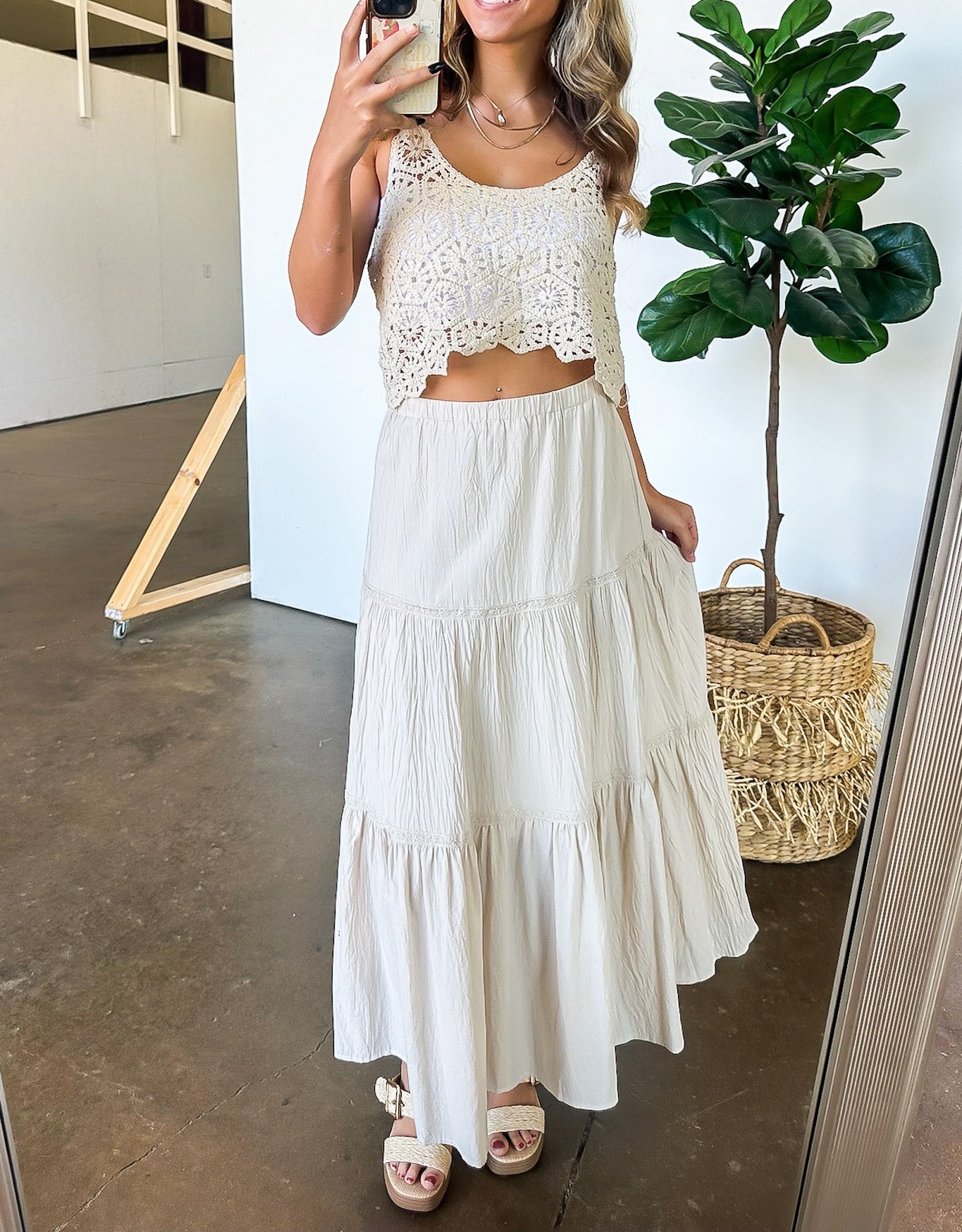 Crochet Detail Tiered Maxi Skirt