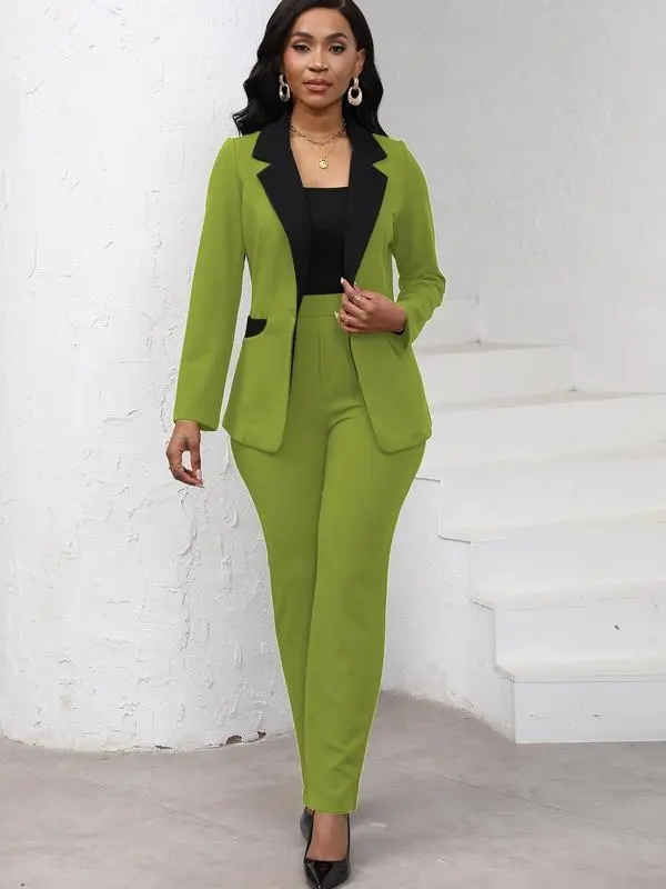 Women's Colorblock Blazer & Straight Leg Pants Set Suits