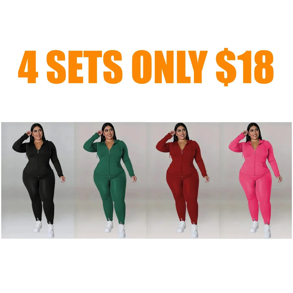 Plus Size Solid Zip Up Hooded Top & Skinny Pants Set