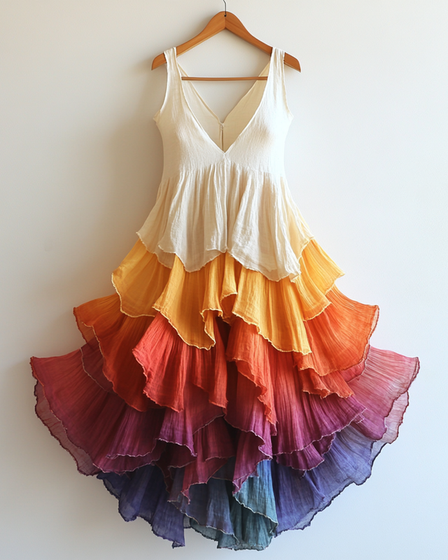 Summer Rainbow Contrast Gradient Chiffon Dress 3ca6
