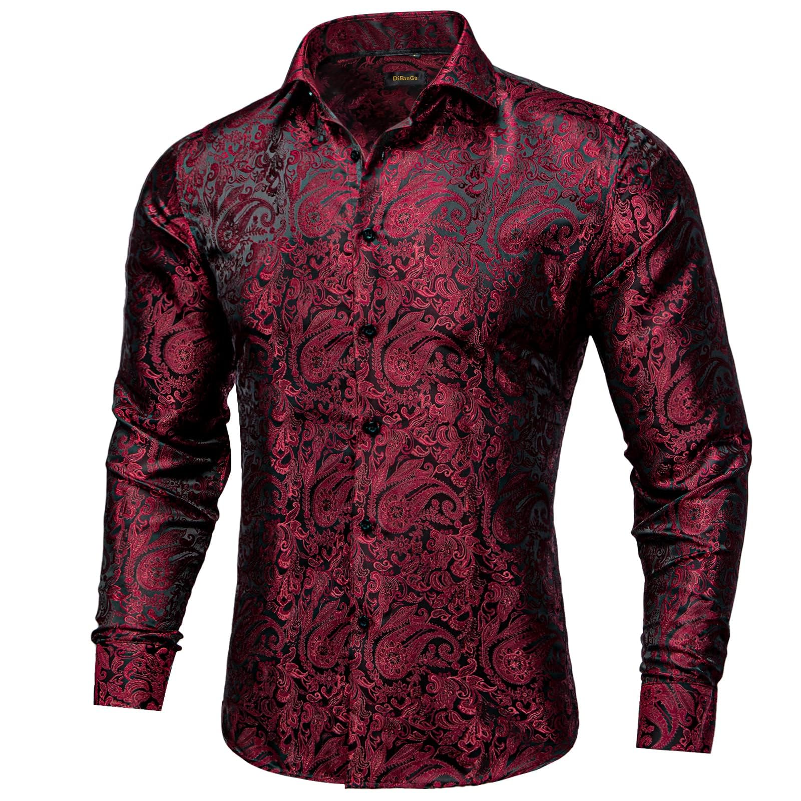 Men's Paisley Dress Shirt Long Sleeve Wrinkle Free Button Down Cowboy Shirts - Deep Red&black&paisley