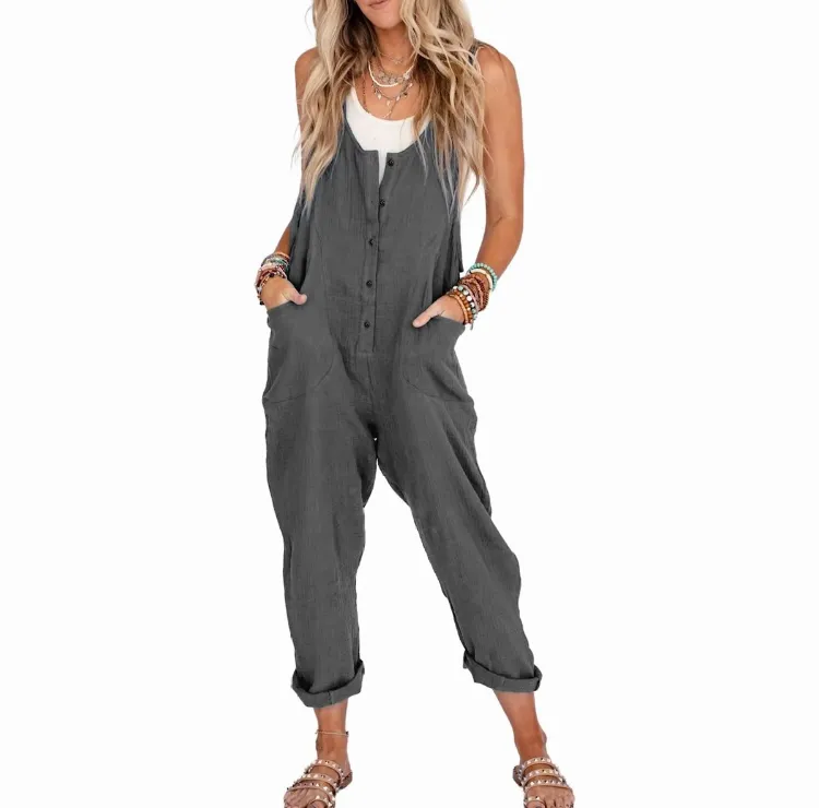 Women's Linen Cotton Overalls – Lightweight Casual Jumpsuits with Pockets for Summer