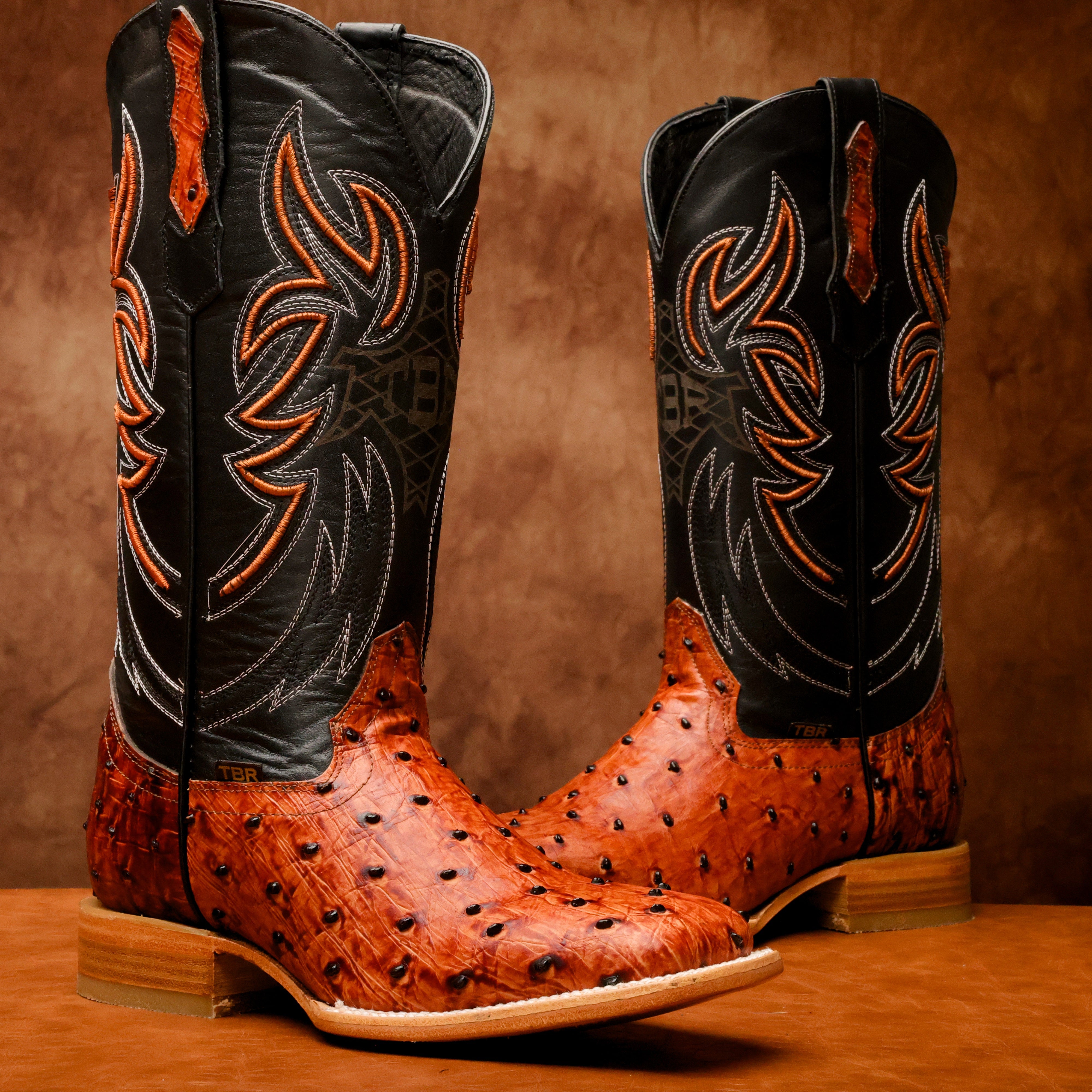 Cognac Ostrich Leather Boots - Square Toe