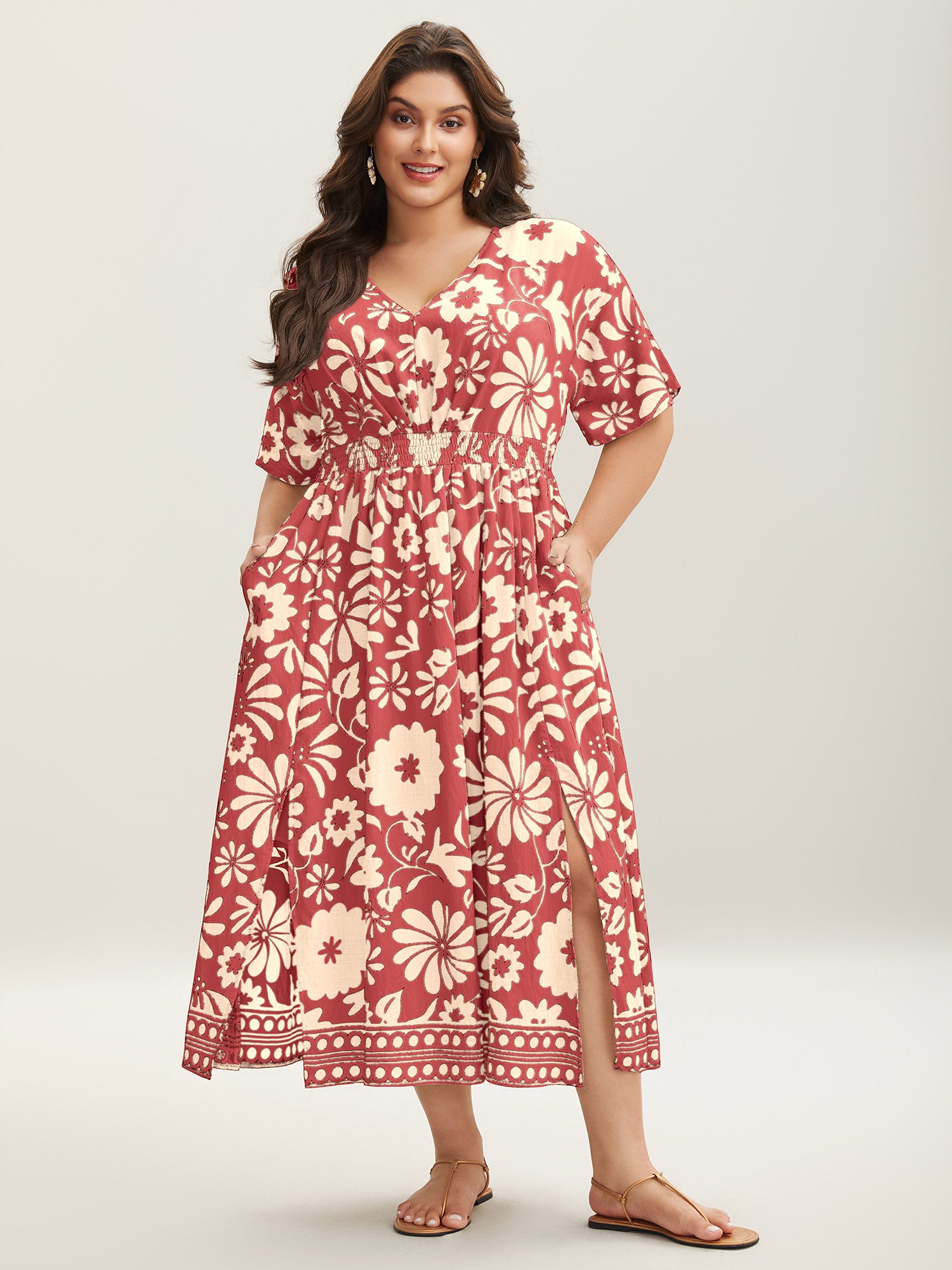 Large Floral Print Pockets Midi Dress