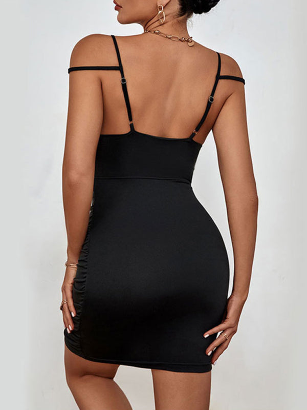 Suspender Skirt Solid Color Pleated Hip Dress