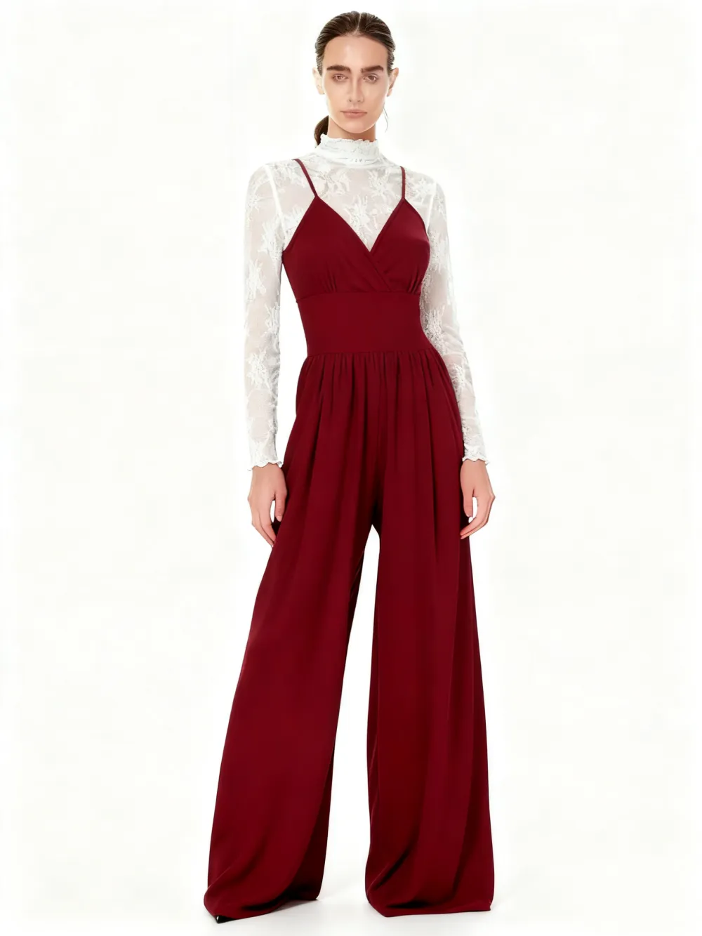 Women's Solid Color Lettuce Trim Mock Neck Sheer Lace Top & Pocket Wide Leg Cami Jumpsuit