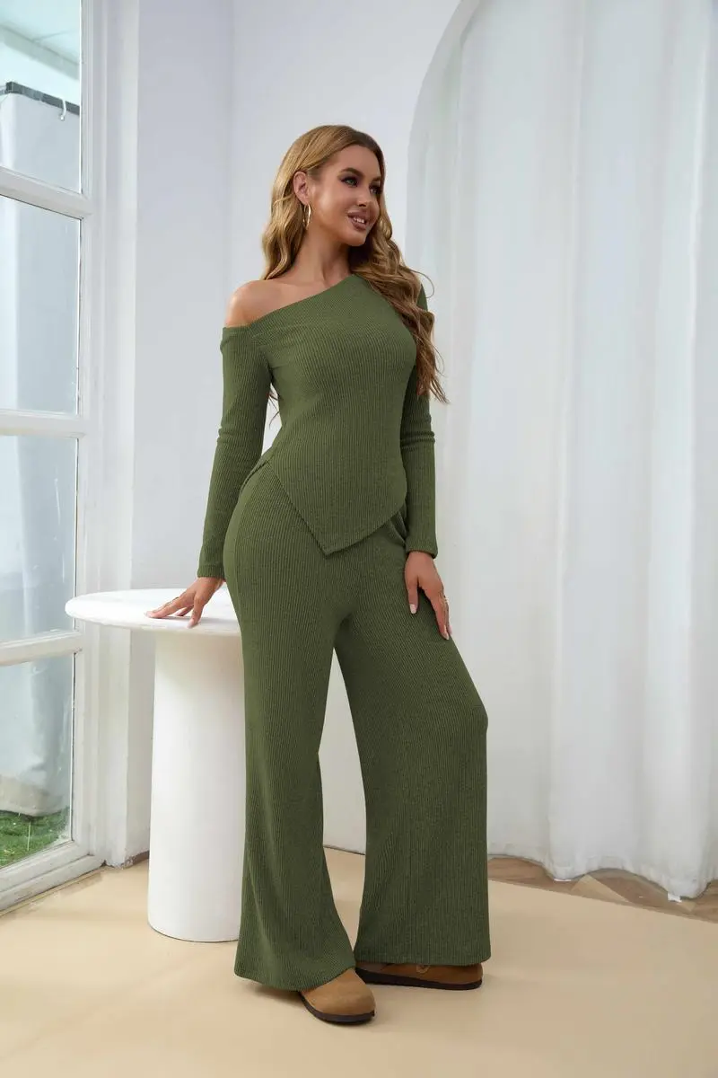 Chic Sherpa Set for Women Asymmetric Shoulder Top & High Waist Wide Leg Pants