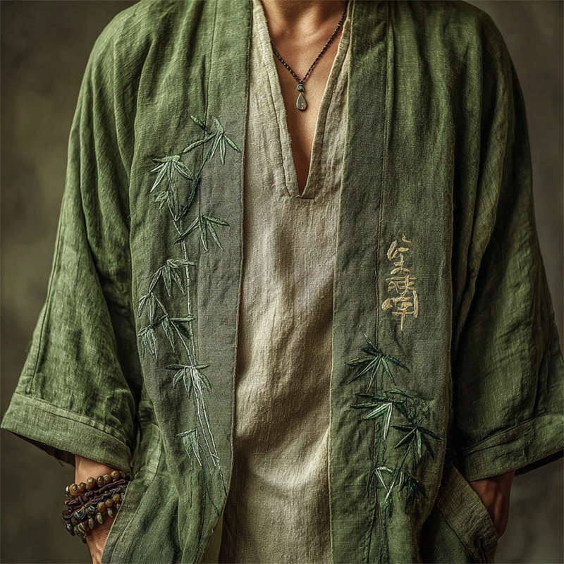 Men's Vintage Japanese Bamboo Embroidered Linen Kimono Cardigan