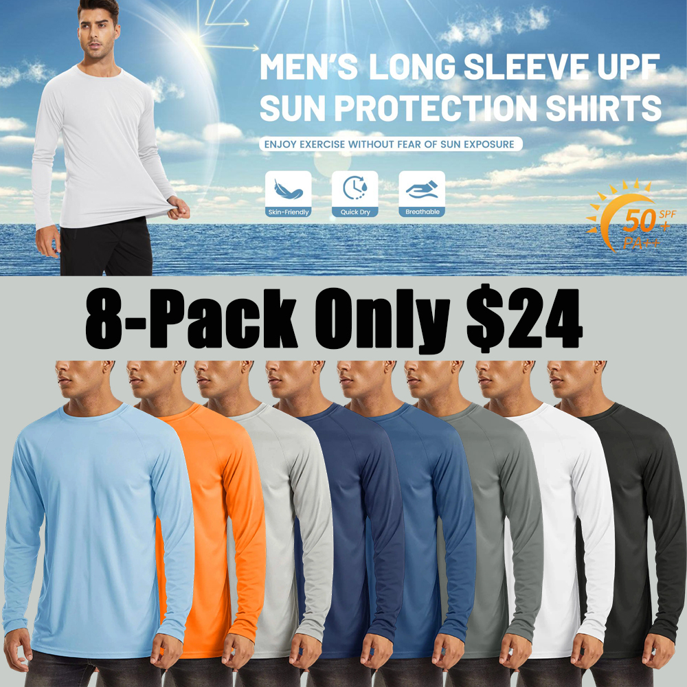8 Pack Men's UPF 50+ Long Sleeves Shirts Quick Dry Lightweight Summer Sportswear Tops