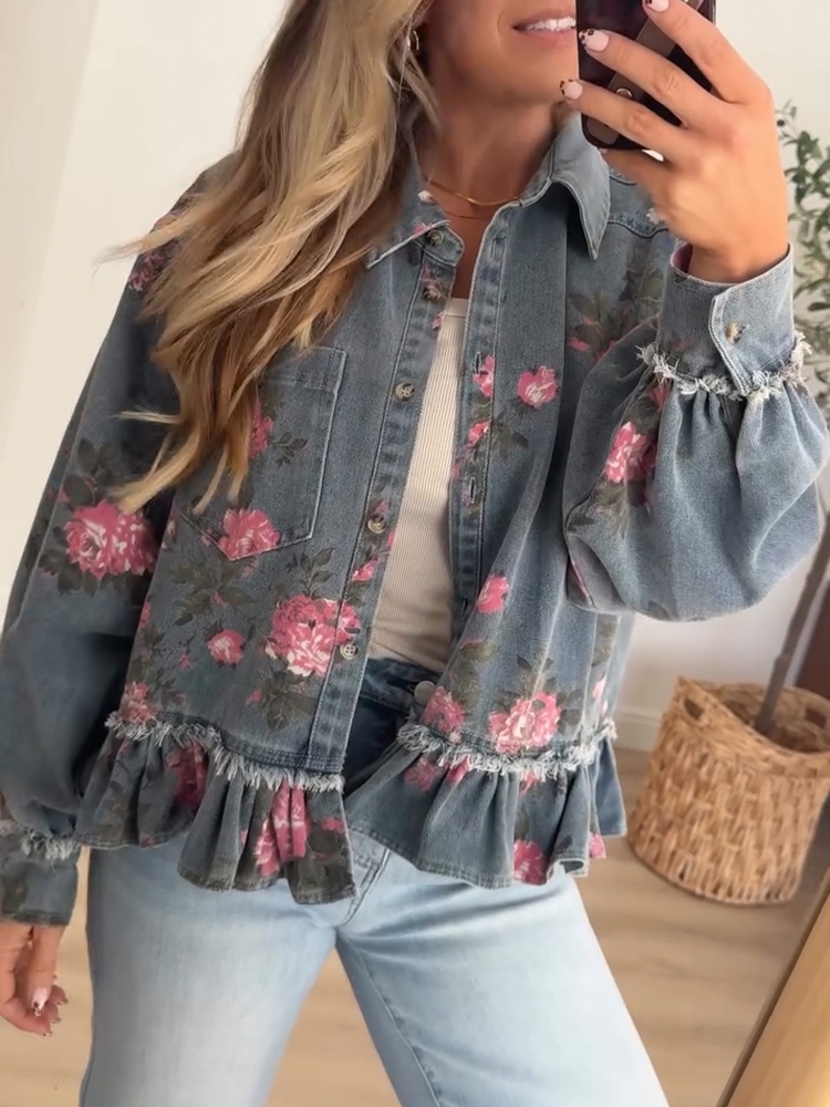Women Lapel Printed Casual Denim Jacket