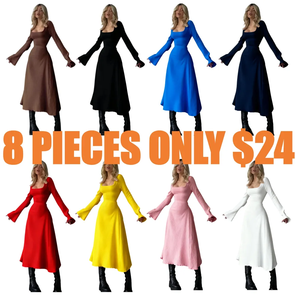 Women's Plain Lace Up Tie Back Flounce Sleeve Dress