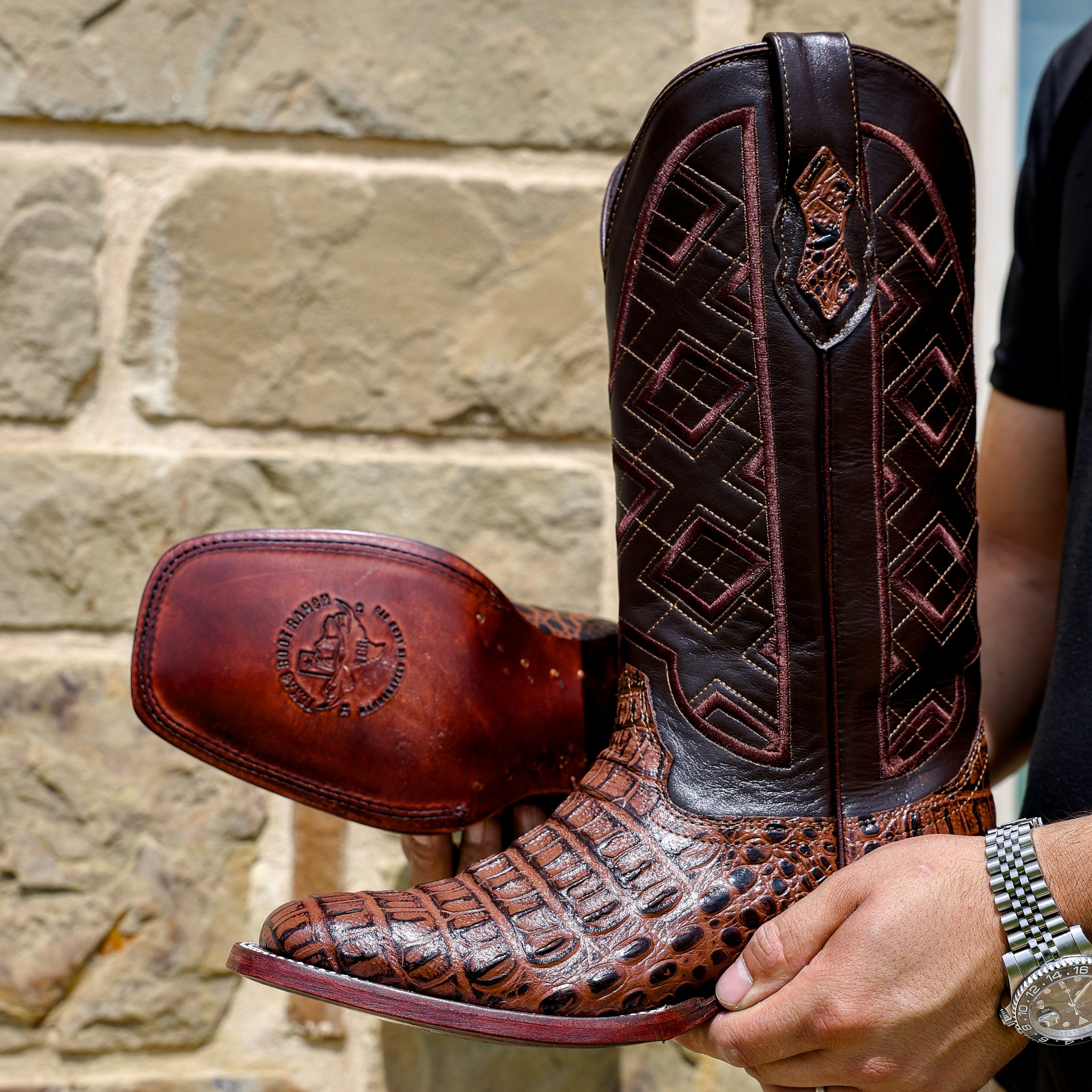 Brown Caiman Hornback Leather Boots - Square Toe