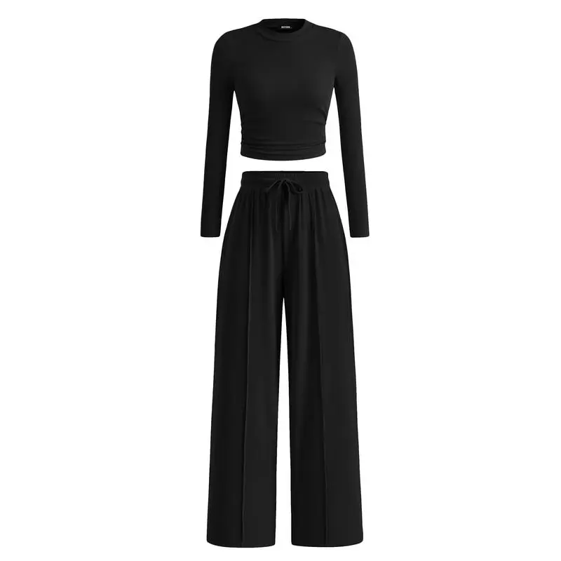Two-piece ribbed knit long-sleeved cropped top and wide-leg pants