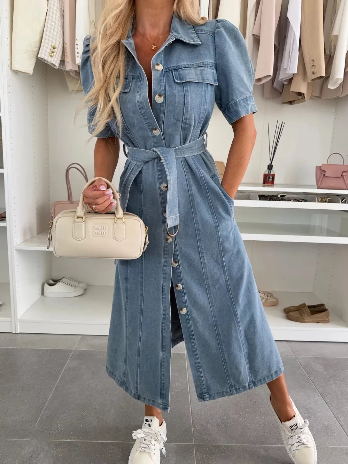 Puff Sleeve Button Down Belted Denim Midi Dress