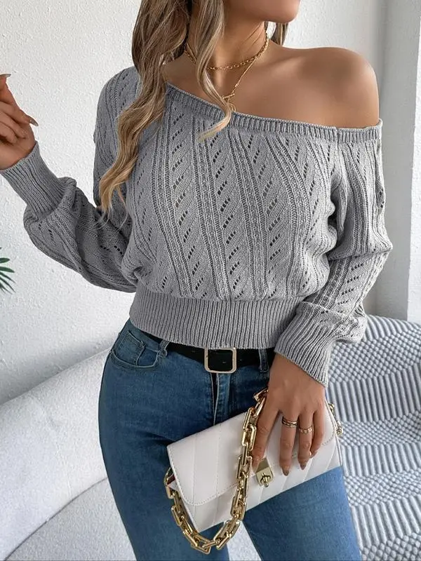 Women's Fall Asymmetrical Neck Hollow-Out Raglan Sweater