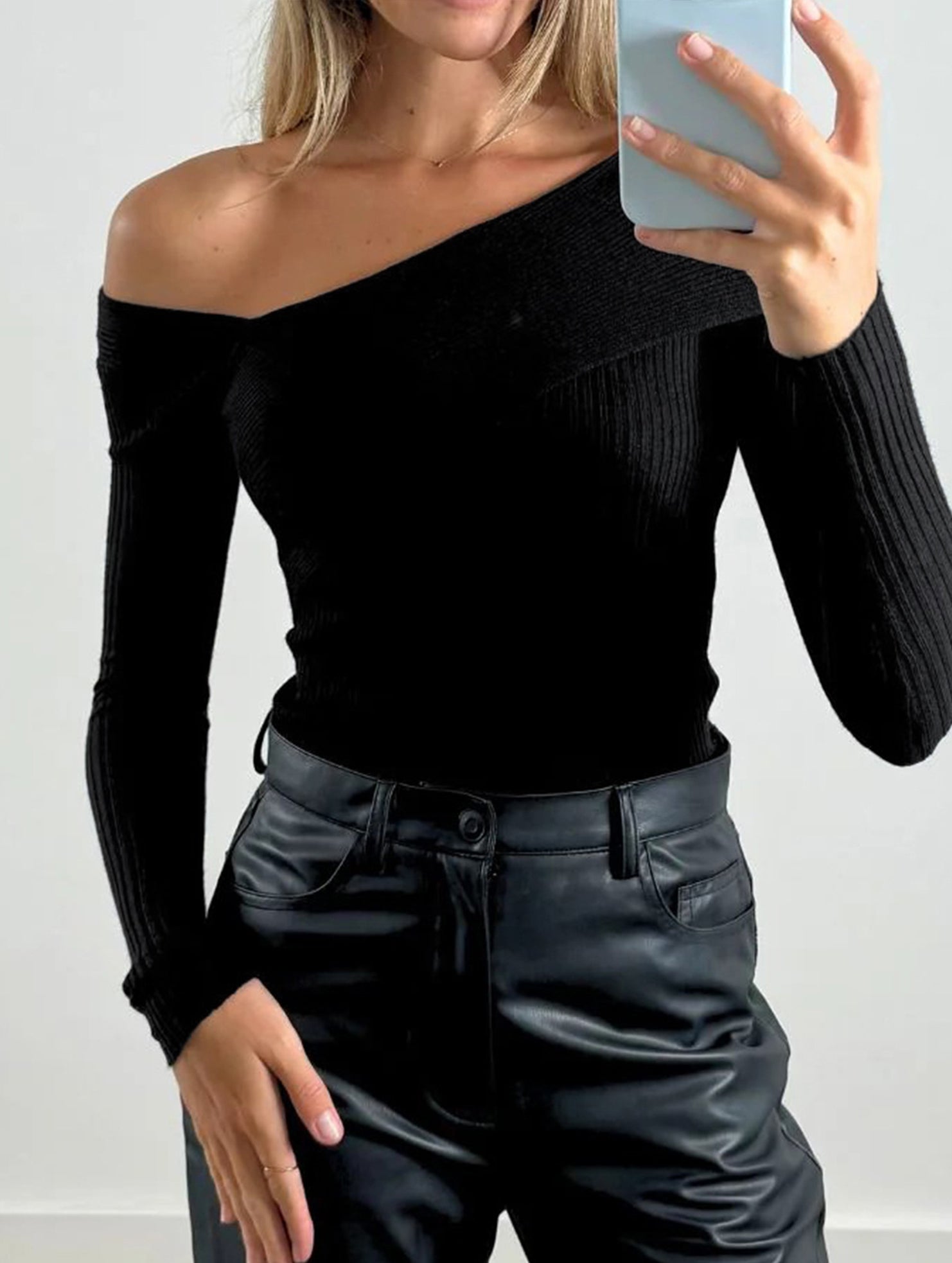 Off Shoulder Solid Color Knit Sweater