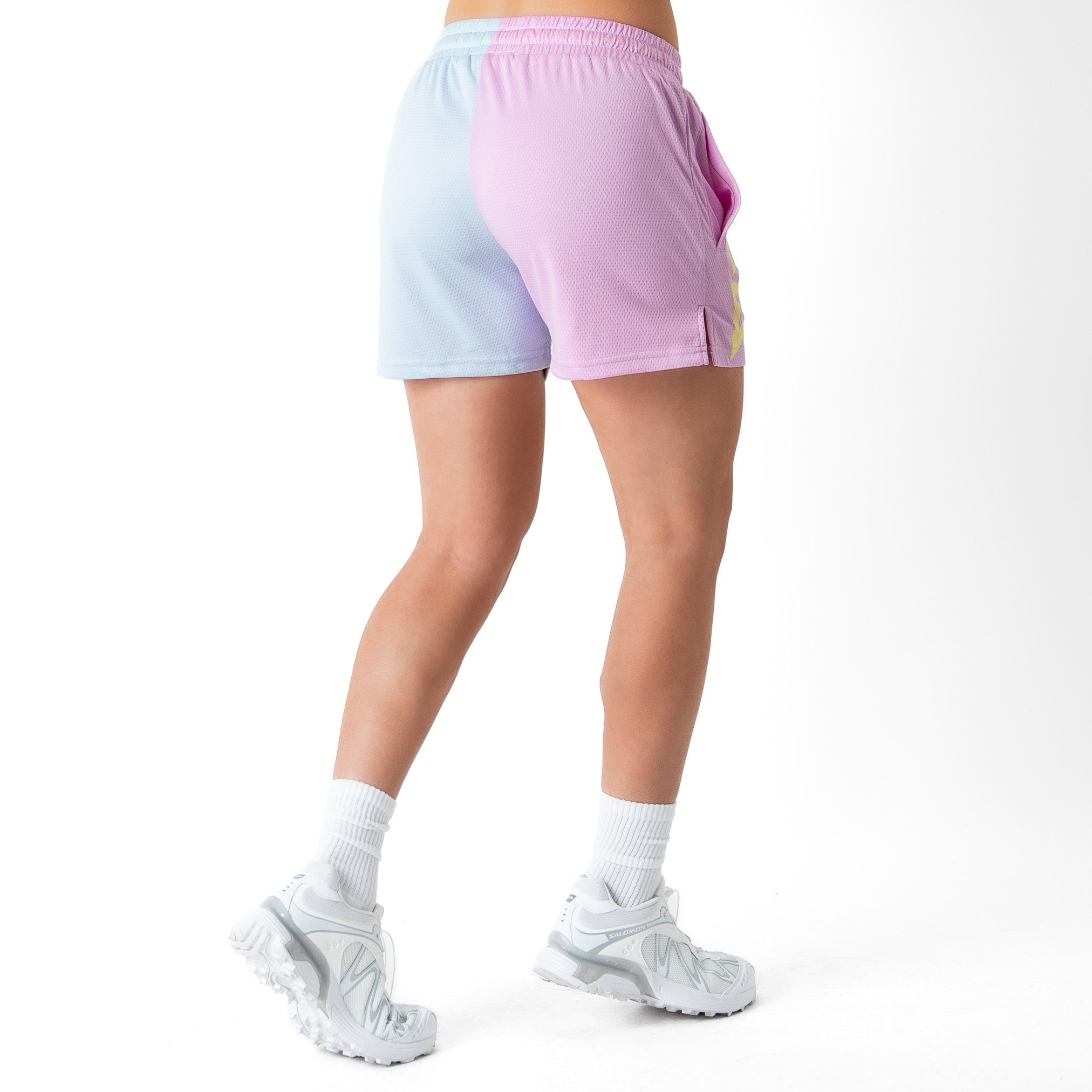 MUAY THAI SHORTS (MID THIGH CUT) 2 TONE - PASTEL PINK / BLUE