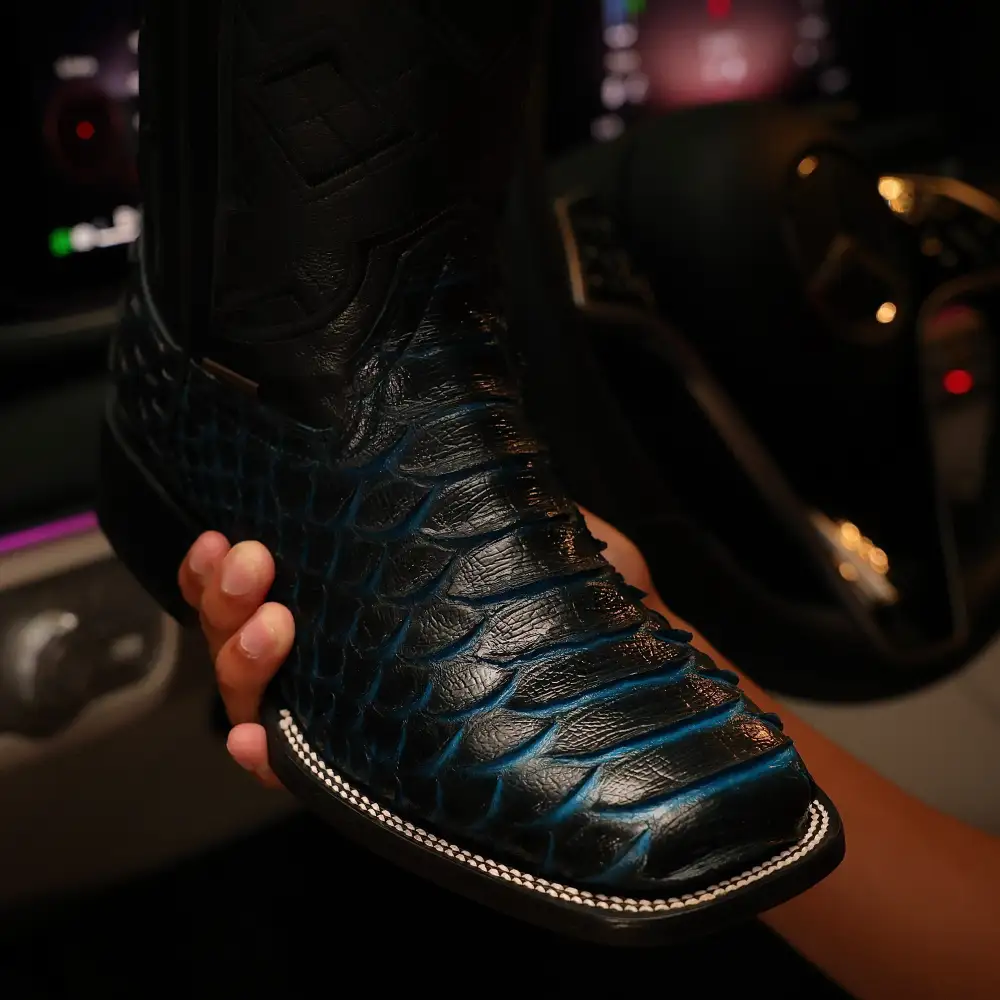 Midnight Blue Jumbo Python Leather Boots - Square Toe