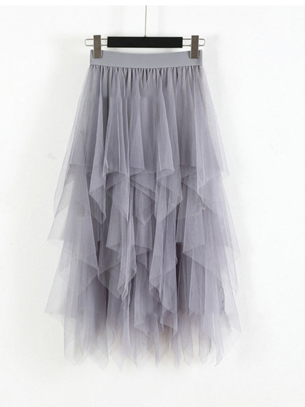 Fairy Mesh Splicing Solid Color High Waist Midi Skirt