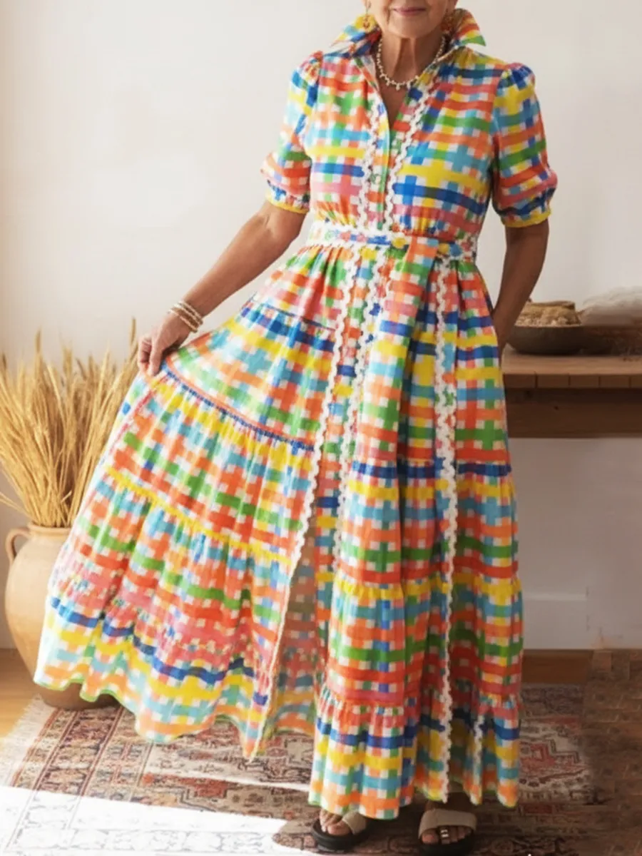 Colorful Square Art Print Collared Shirt Dress