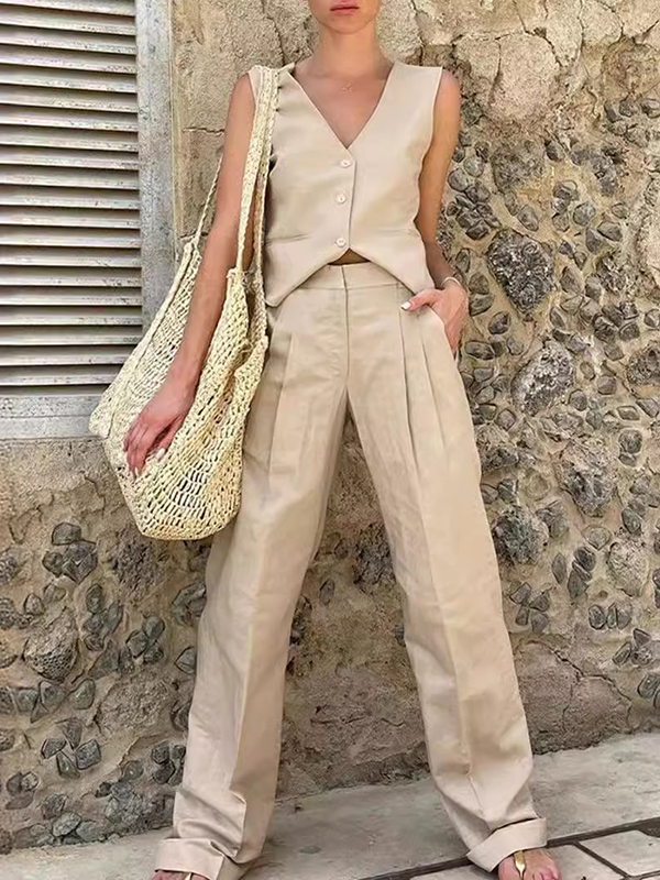 V-Neck Vest Loose Sleeveless Buttoned Solid Color Top + Split-Joint Pleated Pockets Pants Bottom Two Pieces Set