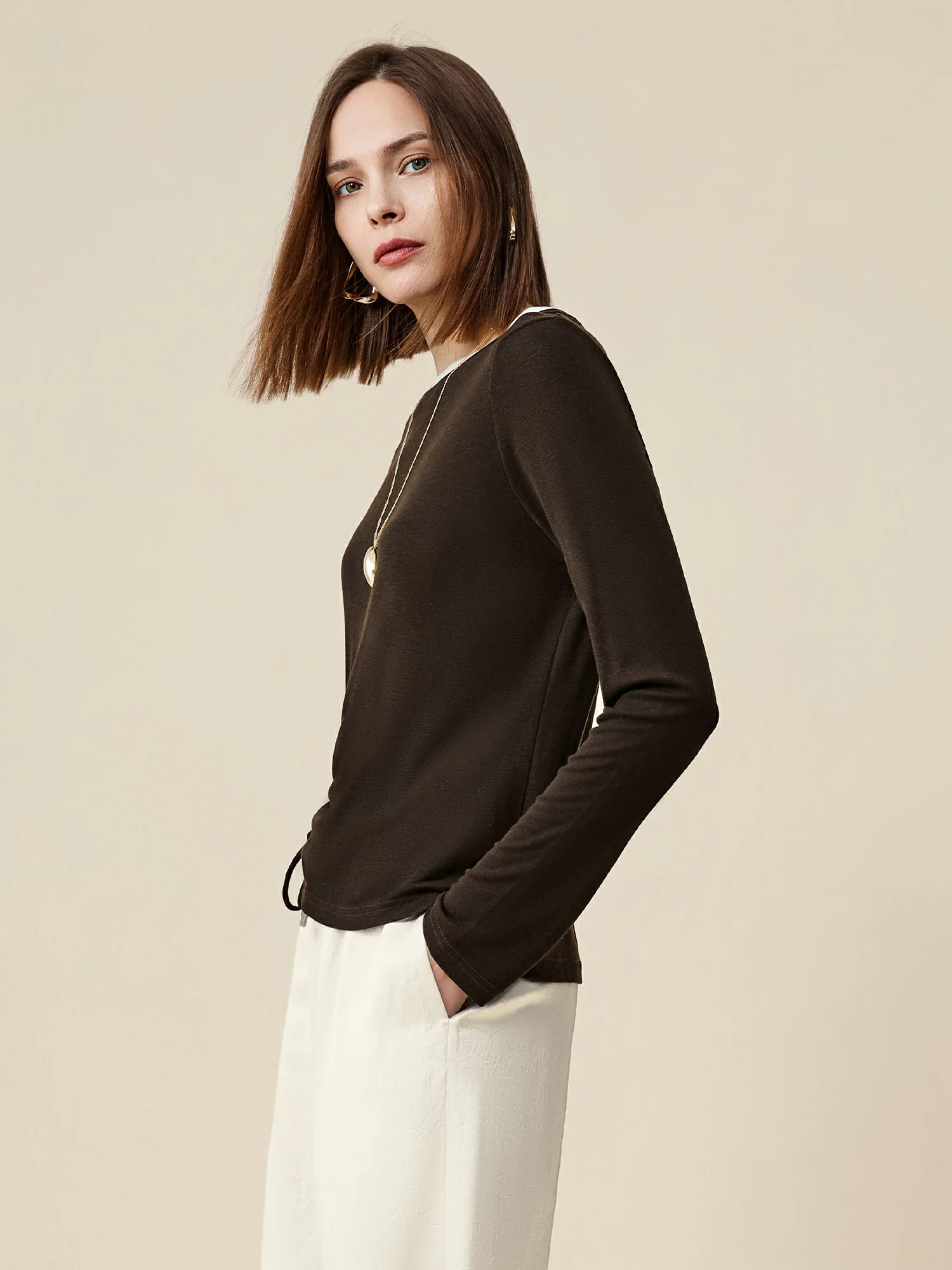 Lyocell & Wool Round Neck Long Sleeve Drawstring T-Shirt