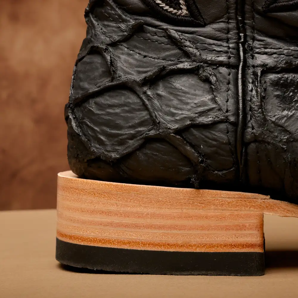 Matte Black Jumbo Pirarucu Leather Boots - Square Toe