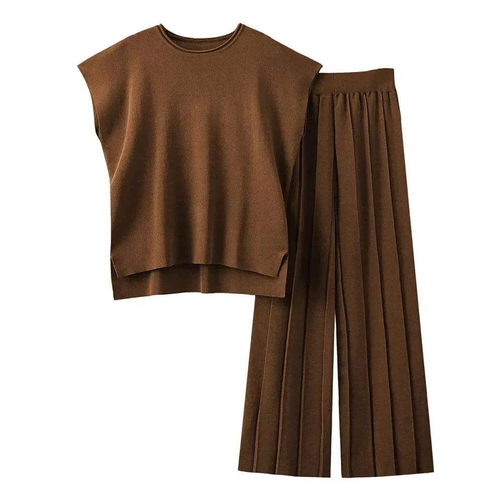 Lounge Sets for Women Two Piece Outfits Knit Cap Sleeve Tops Wide Leg Pleated Pants Casual Dressy Sweater Sets