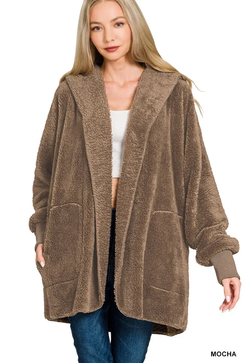 Hooded Faux Fur Jacket with Pockets