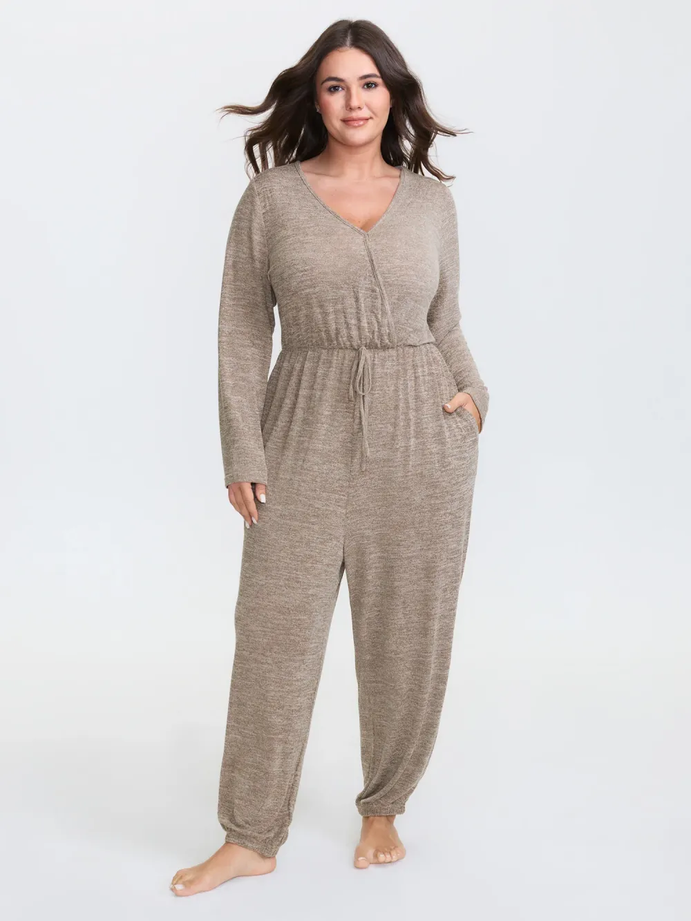 Soft Fitted Lounge Jumpsuit with Tie Neck & Side Pockets
