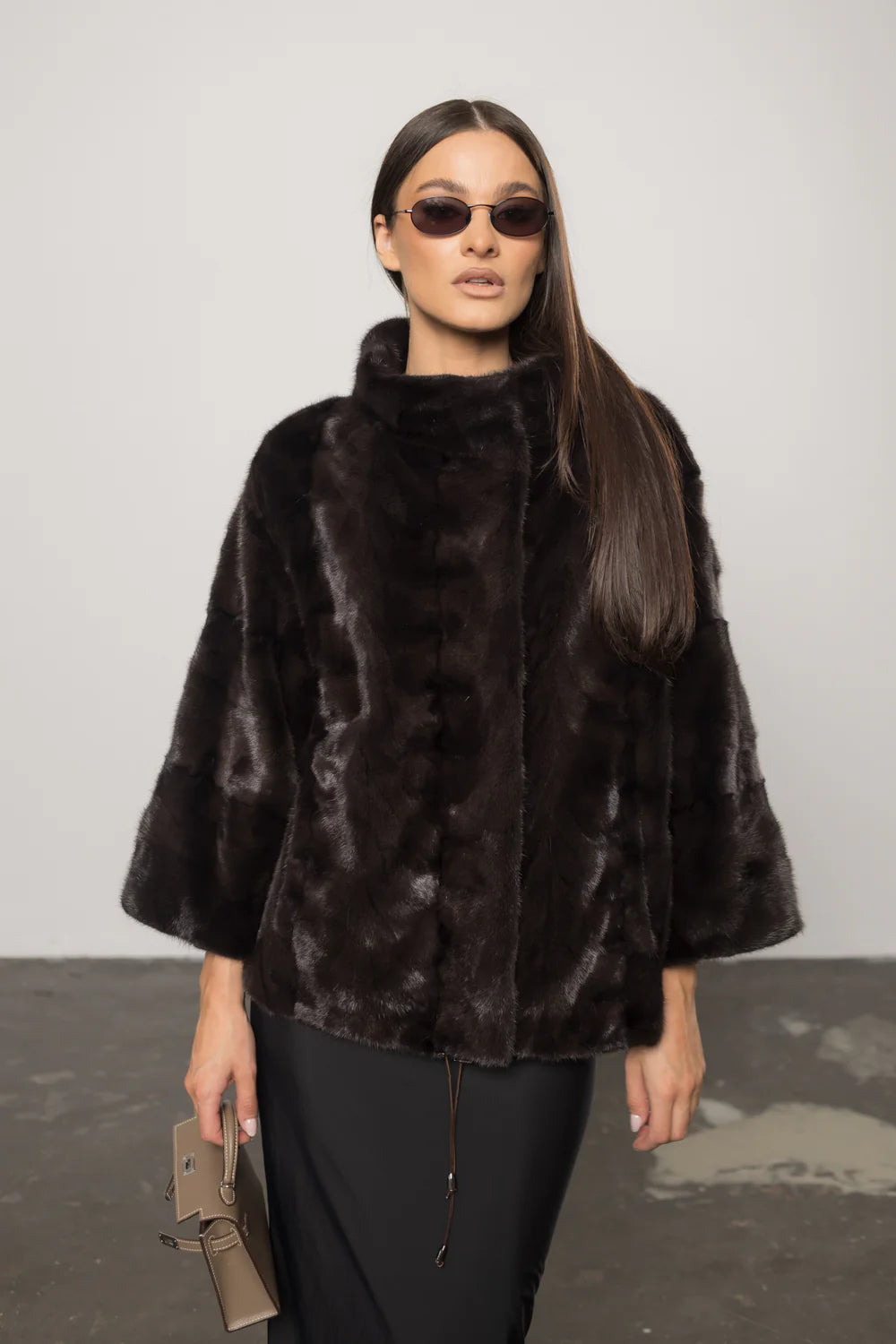 Haină din Blană Naturală de Vizon, Mâneci 3/4, Femei, Dark Brown 398