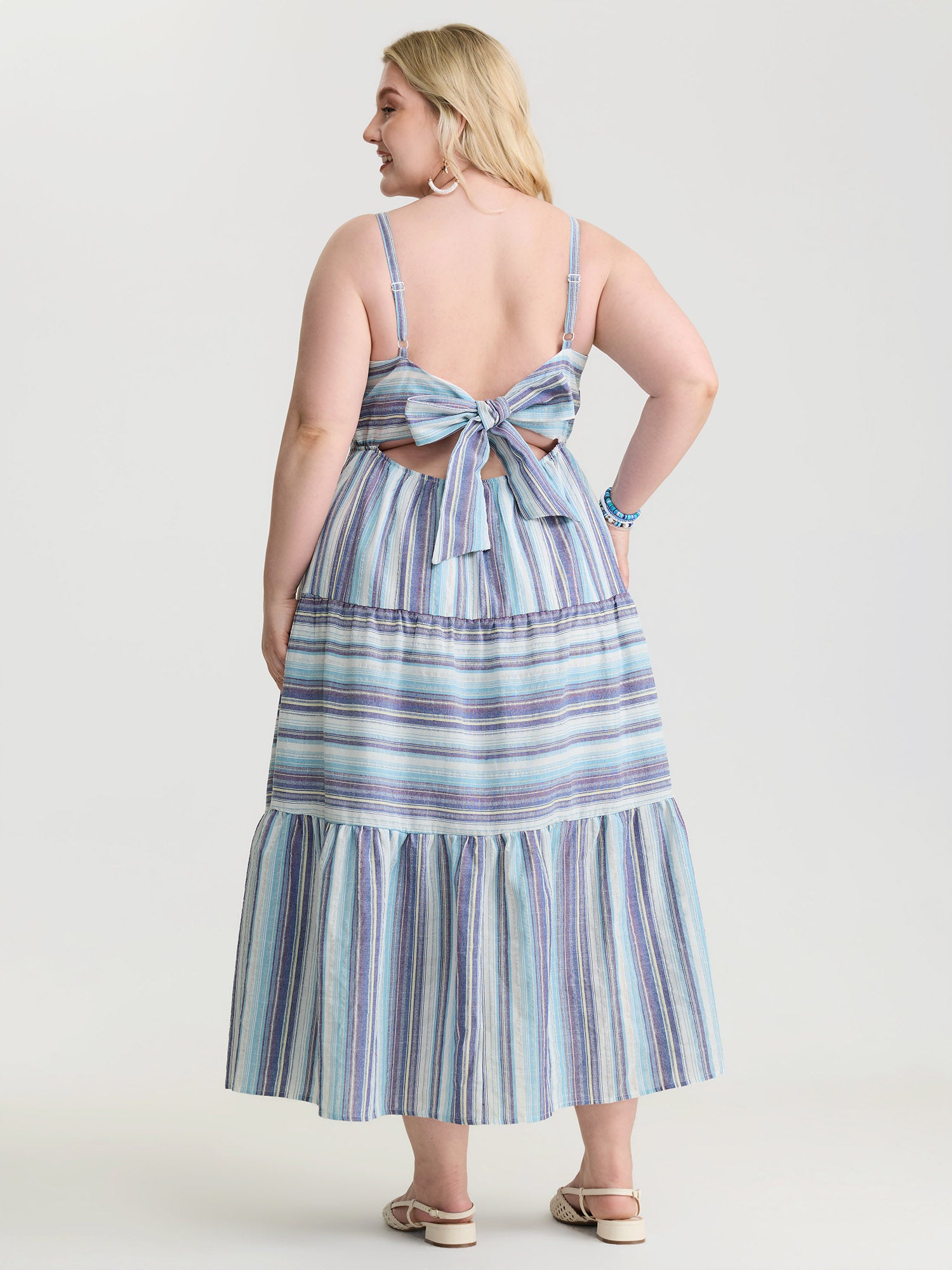 Pure Cotton Asymmetrical Stripes Open Back Midi Dress