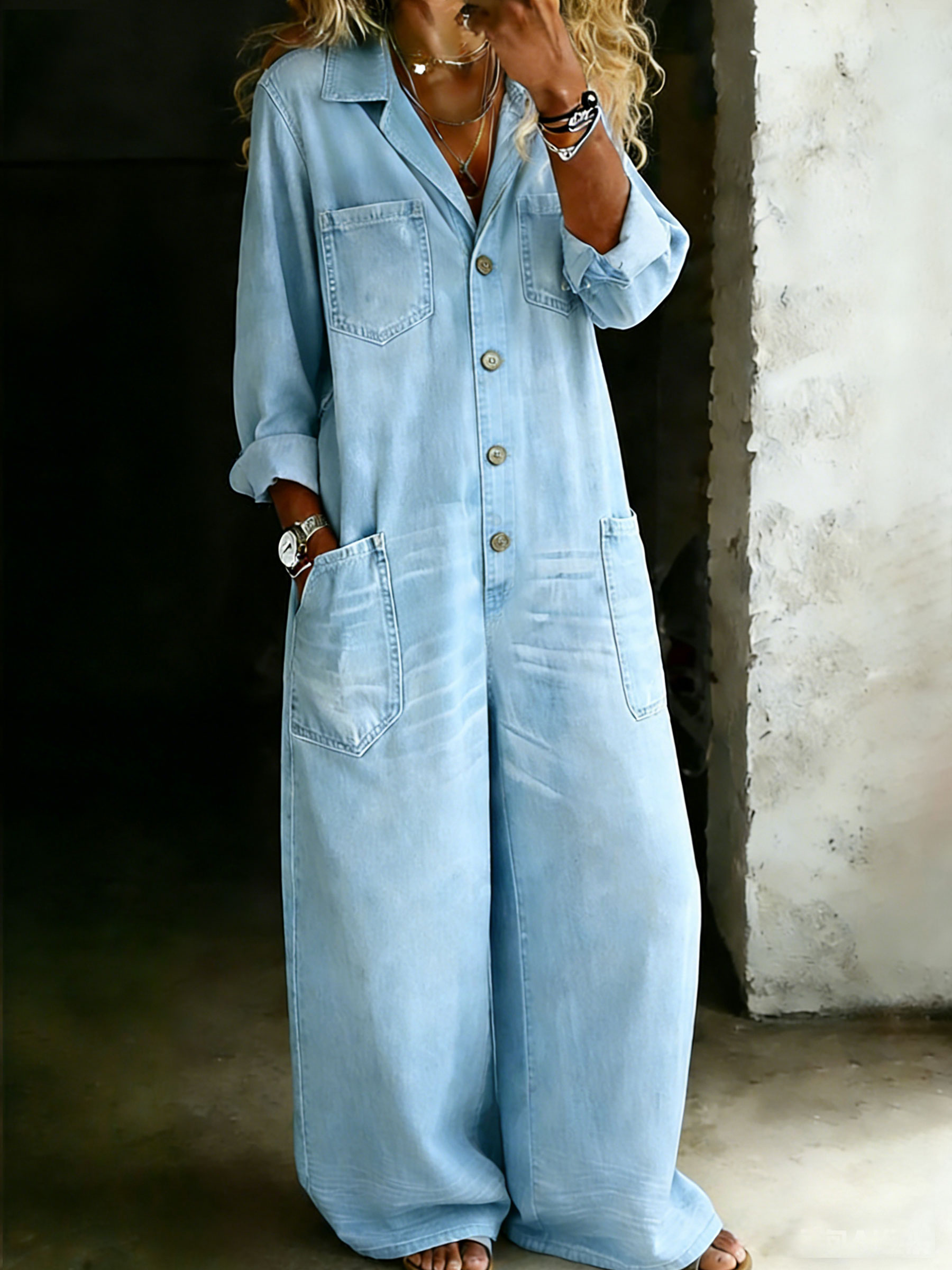 Women’s Cotton One Piece Denim Shirt Jumpsuit