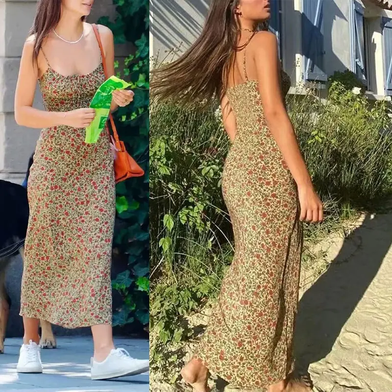 Women's Floral Dress Low-Cut Square Neck Spaghetti Strap Tie Bodycorn Dresses Casual Wear Slip with Adjustable Straps & Elastic Neckline