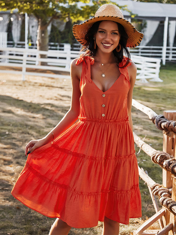 V-Neck Solid Color A-Line Skirt Vacation Dress