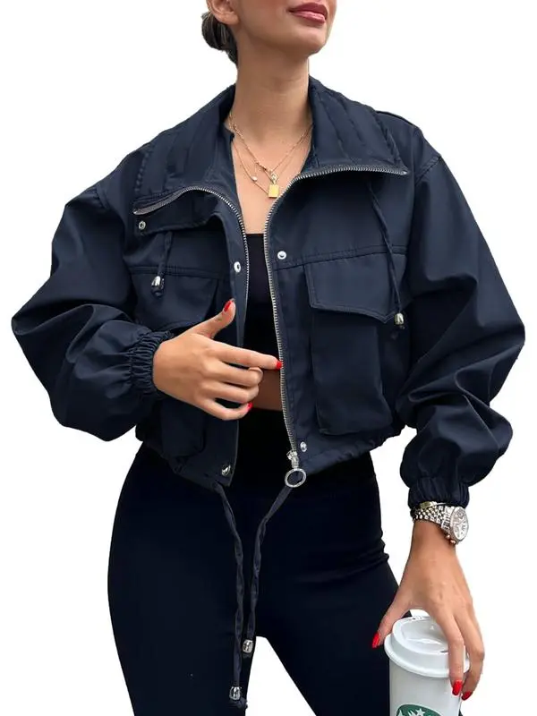 Women's Solid Zip Up Crop Jacket