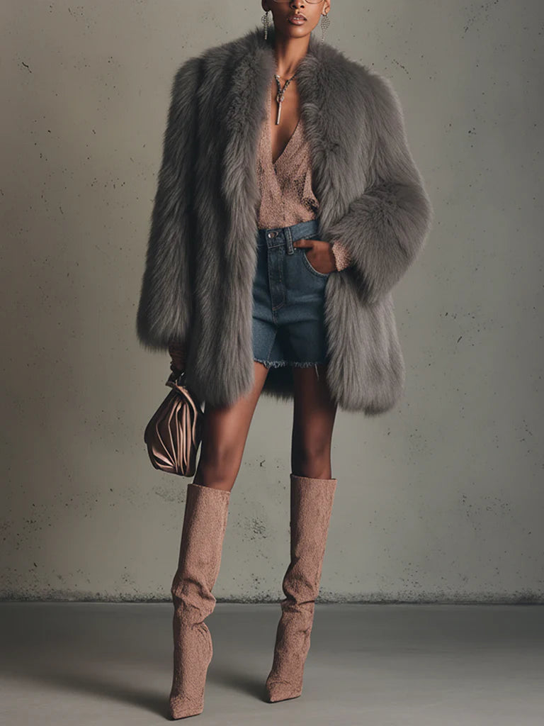 Gray Faux Fox Fur Eco Friendly Long Sleeve Jacket