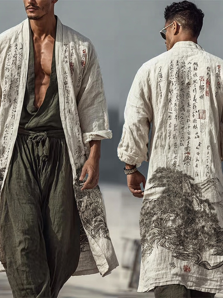 Men's Japanese Landscape Calligraphy Art Flowy Linen Long Kimono