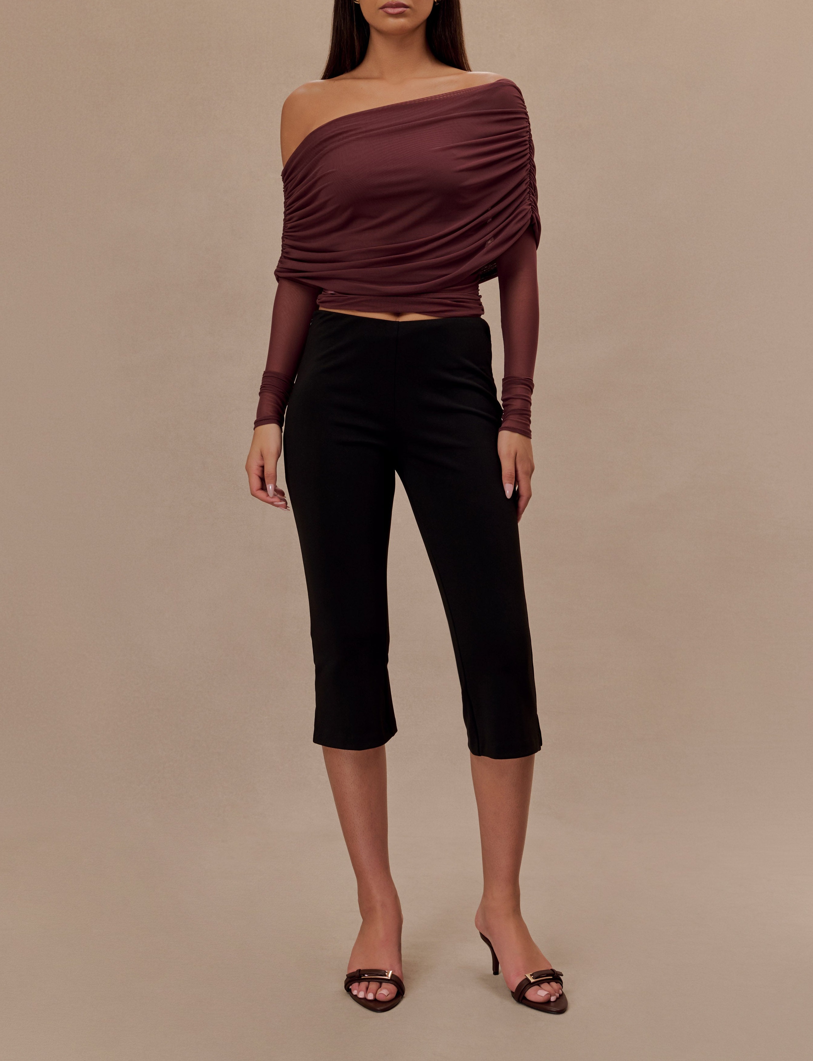 Mahogany Sheer Mesh Off Shoulder Top