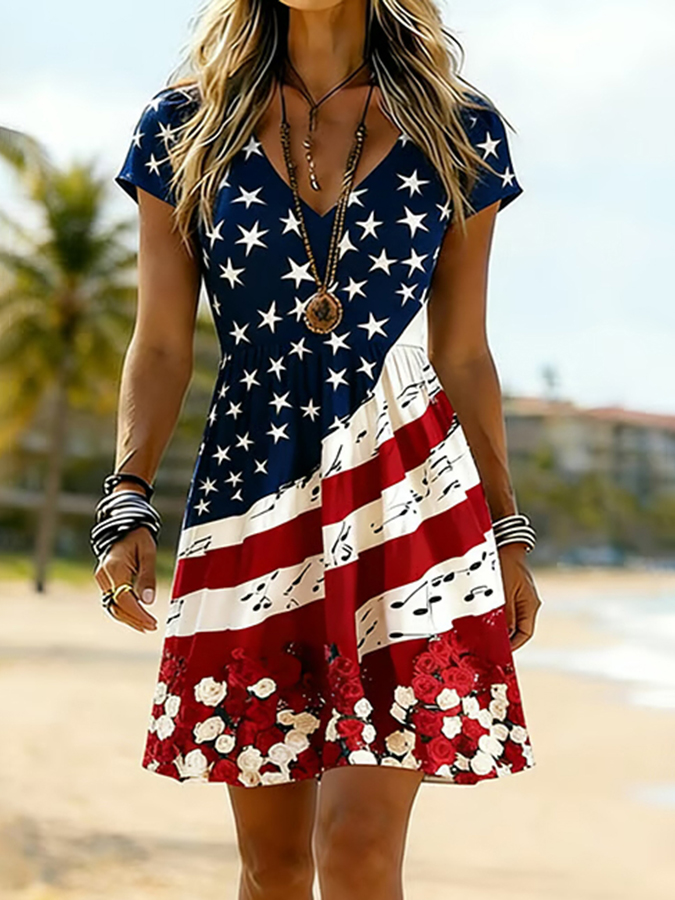 Ladies' Casual American Five-Star Flag Fluttering Colorful Flag V-Neck Short Sleeved Dress