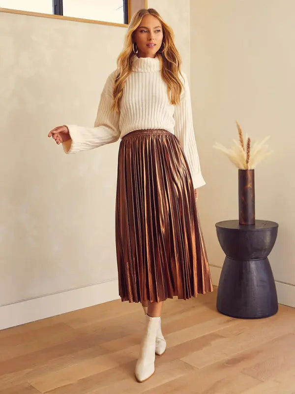 Shiny Pleated High-Waisted A-Line Midi Skirt