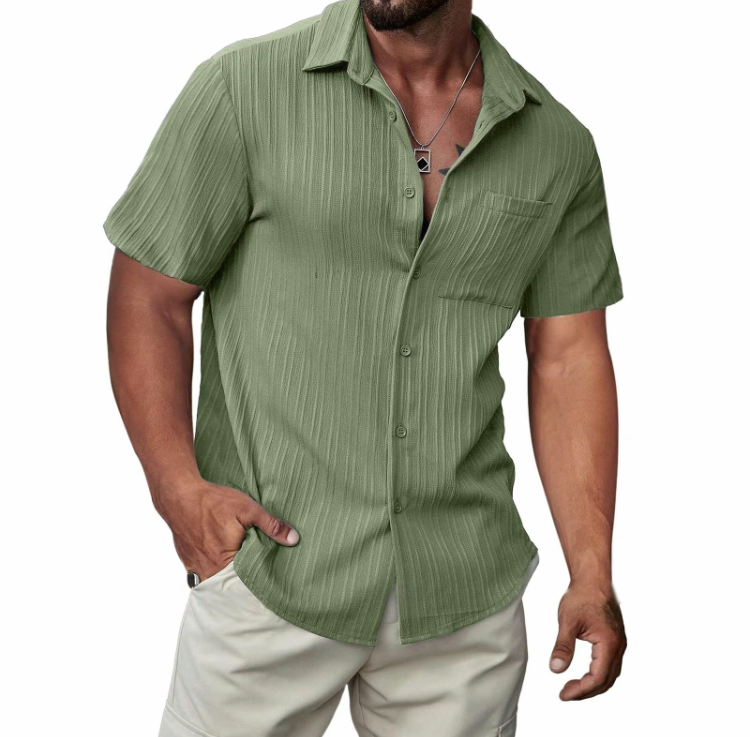 Men's Casual Short-Sleeve Hawaiian Shirt - Textured Button-Down Beach Shirt with Pocket for Summer
